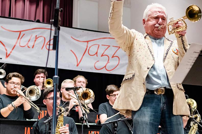 Jazz great Doc Severinsen performs during Elmhurst University's June Jazz concert in Elmhurst, IL.